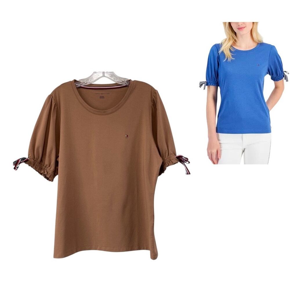 Tommy Hilfiger Gathered-Sleeve Top Size XL Brown Neutral Preppy Academia School‎